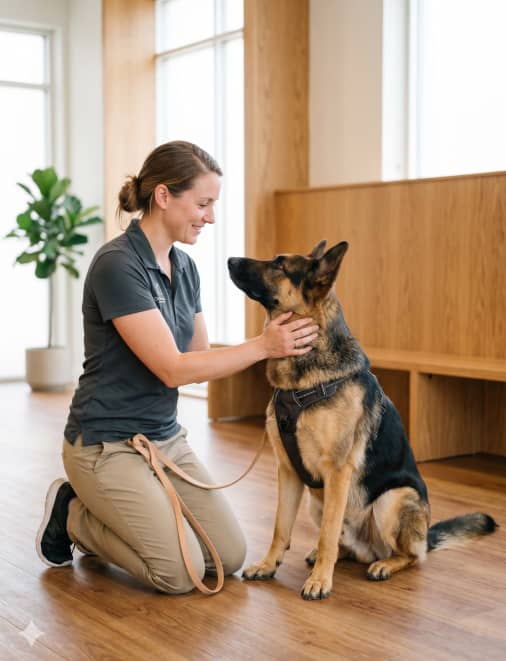 A woman kneels indoors, holding a German Shepherd on a leash while gently touching its neck.