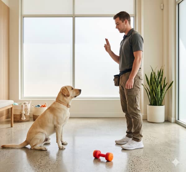 A man stands indoors holding up one finger, giving a command to a yellow Labrador retriever sitting on the floor near an orange toy.