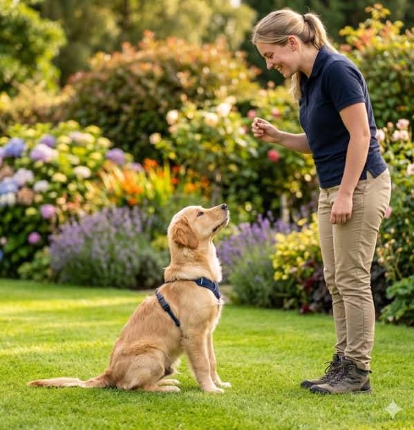 A woman stands on grass in a garden, holding a treat and giving a command to a golden retriever puppy sitting and looking up at her.