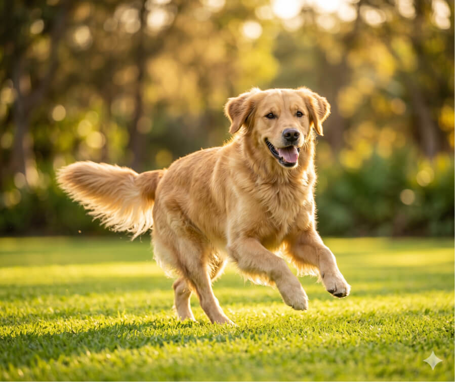 A golden retriever runs on green grass in a sunlit park with trees in the background.