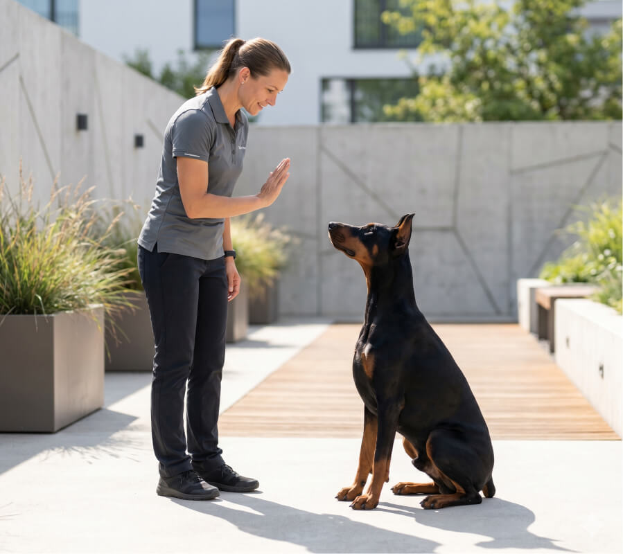 A woman stands outside giving a hand signal to a sitting Doberman dog, possibly training or giving a command.