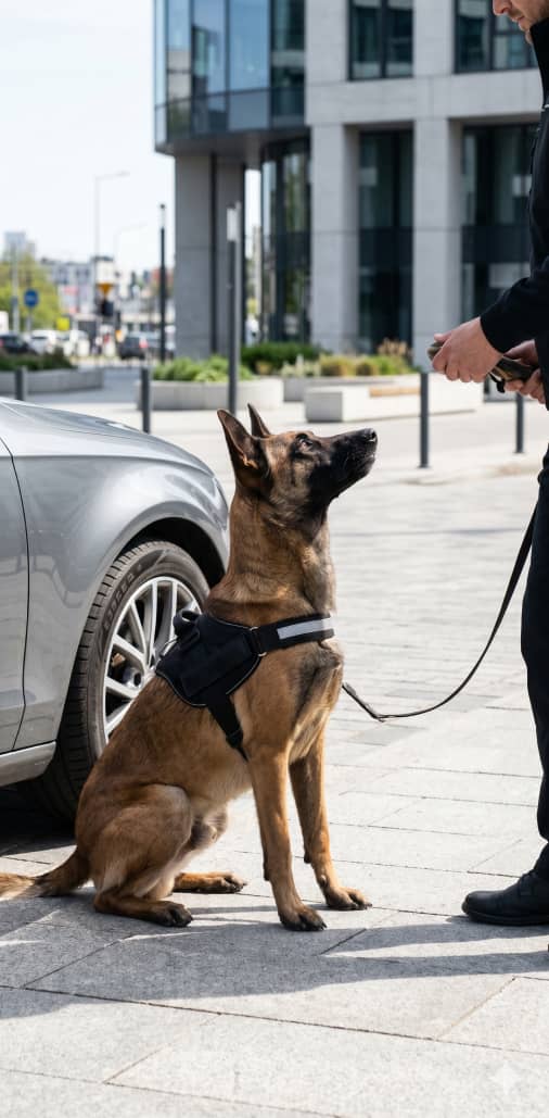 A German Shepherd wearing a harness sits on a sidewalk next to a car, looking up at a person holding its leash.
