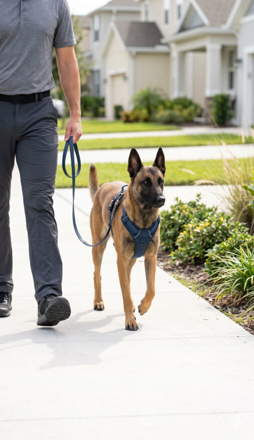 A person walks a brown dog with a harness on a sidewalk in a suburban neighborhood during the day.
