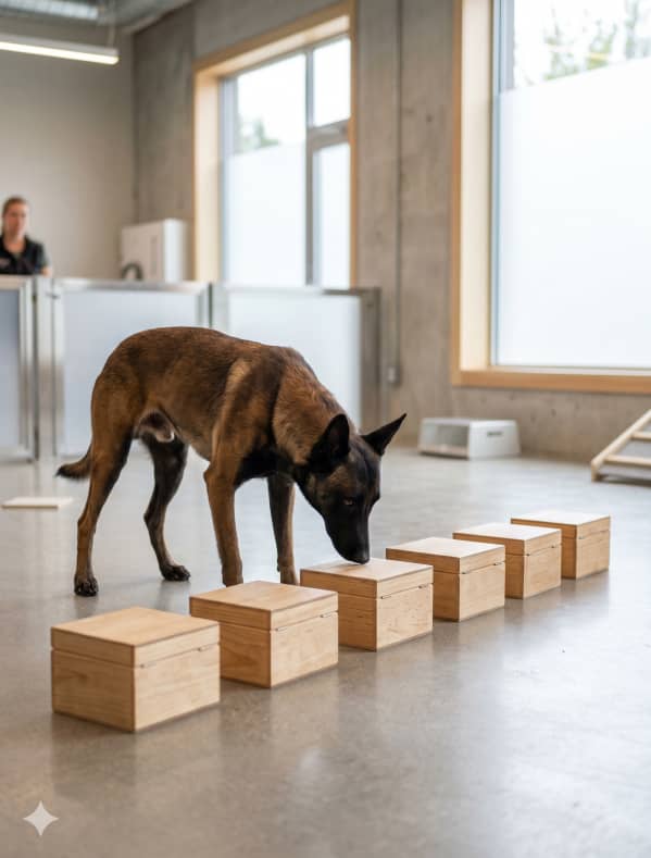 A brown dog sniffs a row of wooden boxes indoors, with a person and office furniture visible in the background.
