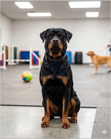A Rottweiler sits on a mat in an indoor training area, with a colorful ball nearby and a Golden Retriever in the background.