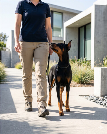 A person in a navy shirt and khaki pants walks a black and tan Doberman on a leash along a sidewalk in a modern residential area.