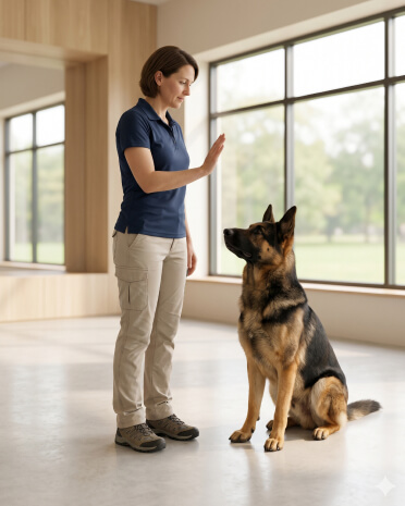 A woman in a navy polo and khaki pants gives a hand signal to a German Shepherd sitting in a bright, spacious room with large windows.