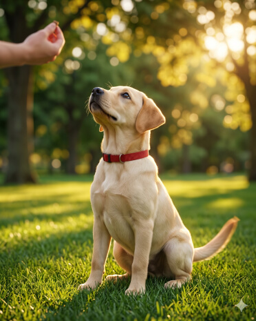 A yellow Labrador puppy wearing a red collar sits on grass in a park, attentively looking at a hand holding a treat.