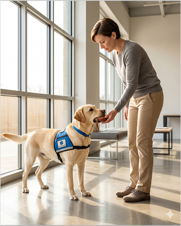 A woman stands in a room with large windows, gently holding the muzzle of a service dog wearing a blue vest.