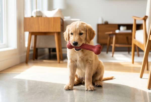 A golden retriever puppy sits on a sunlit floor in a living room, holding a large red bone-shaped toy in its mouth.